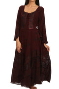 Sakkas Mirabel Stonewashed Corset Style Floral Emboridery Kimono Sleeve Dress#color_Burgundy