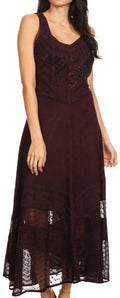 Sakkas Zendaya Stonewashed Rayon Embroidered Floral Vine Sleeveless V-neck Dress#color_Chocolate