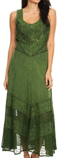 Sakkas Zendaya Stonewashed Rayon Embroidered Floral Vine Sleeveless V-neck Dress#color_Green