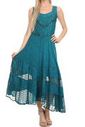 Sakkas Zendaya Stonewashed Rayon Embroidered Floral Vine Sleeveless V-neck Dress#color_TurquoiseBlue