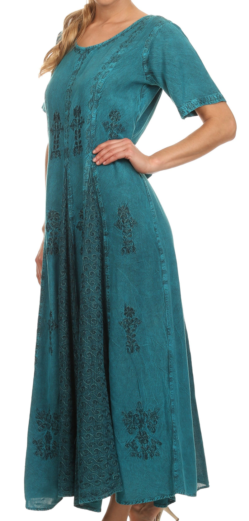 Sakkas Hailey Cap Sleeve Caftan Long Embroidered Stonewashed Dress