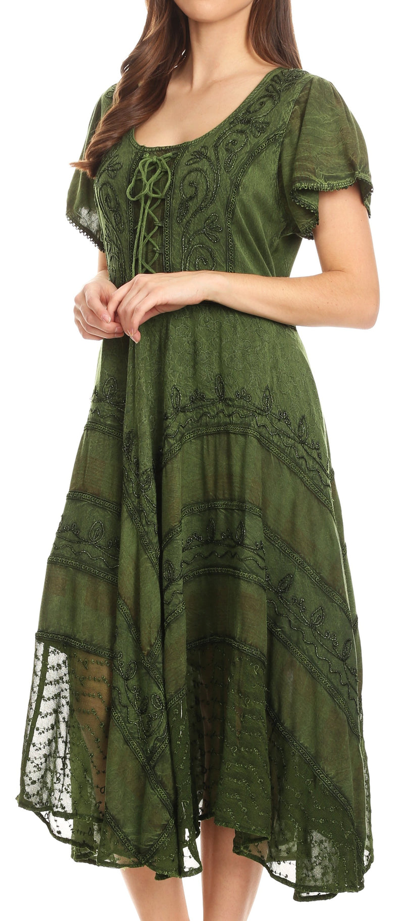 Sakkas Mila Long Corset Embroidered Cap Sleeve Dress With Adjustable Waist