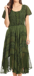 Sakkas Mila Long Corset Embroidered Cap Sleeve Dress With Adjustable Waist#color_Green