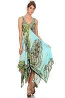 Sakkas Lala Smocked Back Handkerchief Hem V-Neck Sleeveless Dress