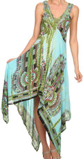 Sakkas Lala Smocked Back Handkerchief Hem V-Neck Sleeveless Dress#color_Turquoise