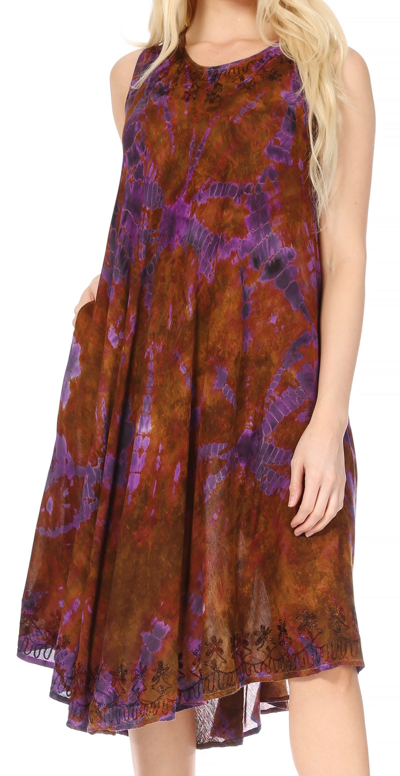 Sakkas Nora Sleeveless Embroidered Short Tie Dye Caftan Dress / Cover Up
