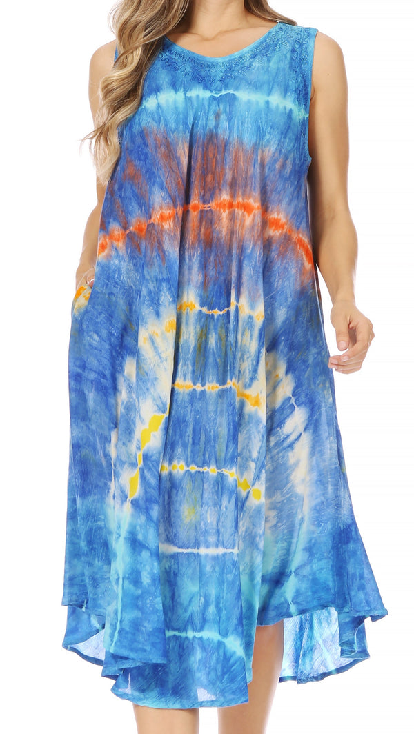 Sakkas Nora Sleeveless Embroidered Short Tie Dye Caftan Dress / Cover Up#color_Blue