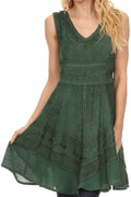 Sakkas Jaydence Short Floral Embroidered Deep Neck Tank Top Sleeveless Batik Dress#color_Green