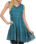 Sakkas Jaydence Short Floral Embroidered Deep Neck Tank Top Sleeveless Batik Dress#color_Turquoise
