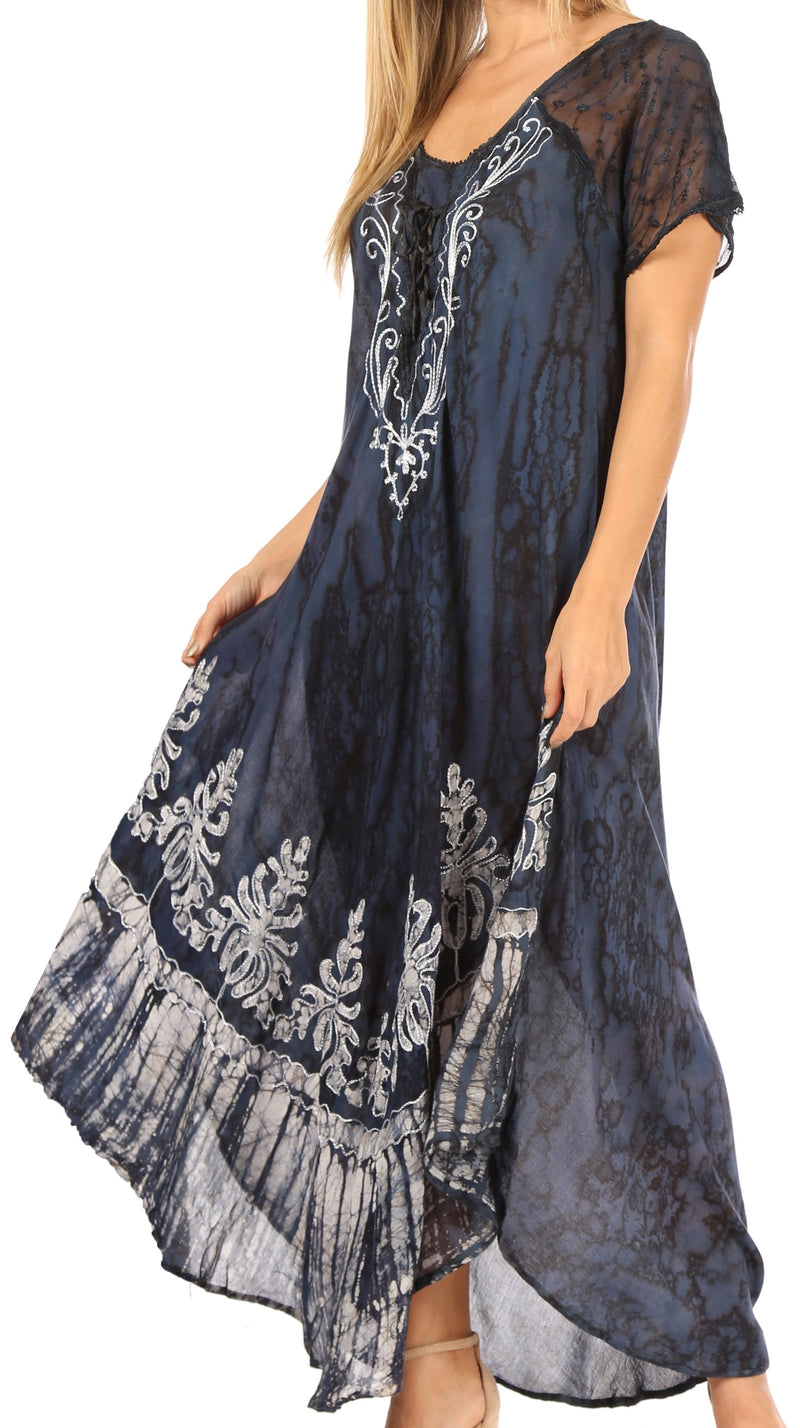Sakkas Ronny Lace Embroidered Cap Sleeve Tie Dye Wash Caftan Dress / Cover Up
