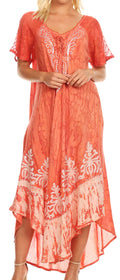 Sakkas Ronny Lace Embroidered Cap Sleeve Tie Dye Wash Caftan Dress / Cover Up#color_LightPeach/Burgundy