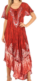 Sakkas Ronny Lace Embroidered Cap Sleeve Tie Dye Wash Caftan Dress / Cover Up#color_Red/Black