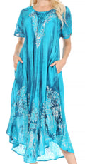 Sakkas Ronny Lace Embroidered Cap Sleeve Tie Dye Wash Caftan Dress / Cover Up#color_Turquoise/Blue