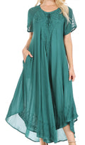 Sakkas Egan Women's Long Embroidered Caftan Dress / Cover Up With Embroidered Cap Sleeves#color_A-ForestGreen