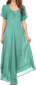 Sakkas Egan Women's Long Embroidered Caftan Dress / Cover Up With Embroidered Cap Sleeves#color_Aqua