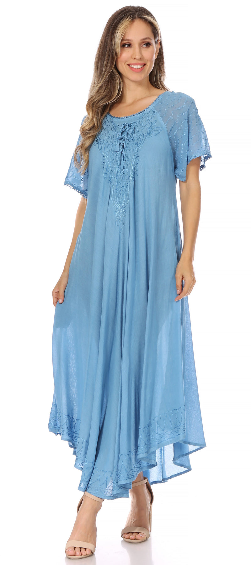 Sakkas Egan Women's Long Embroidered Caftan Dress / Cover Up With Embroidered Cap Sleeves