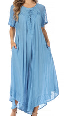 Sakkas Egan Women's Long Embroidered Caftan Dress / Cover Up With Embroidered Cap Sleeves