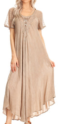 Sakkas Helena Embroidered Nightgown / Women Sleepwear with Eyelet Sleeves#color_Beige