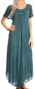 Sakkas Helena Embroidered Nightgown / Women Sleepwear with Eyelet Sleeves#color_DenimBlue