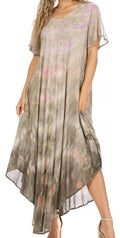 Sakkas Kaylaye Long Tie Dye Ombre Embroidered Cap Sleeve Caftan Dress / Cover Up#color_Grey