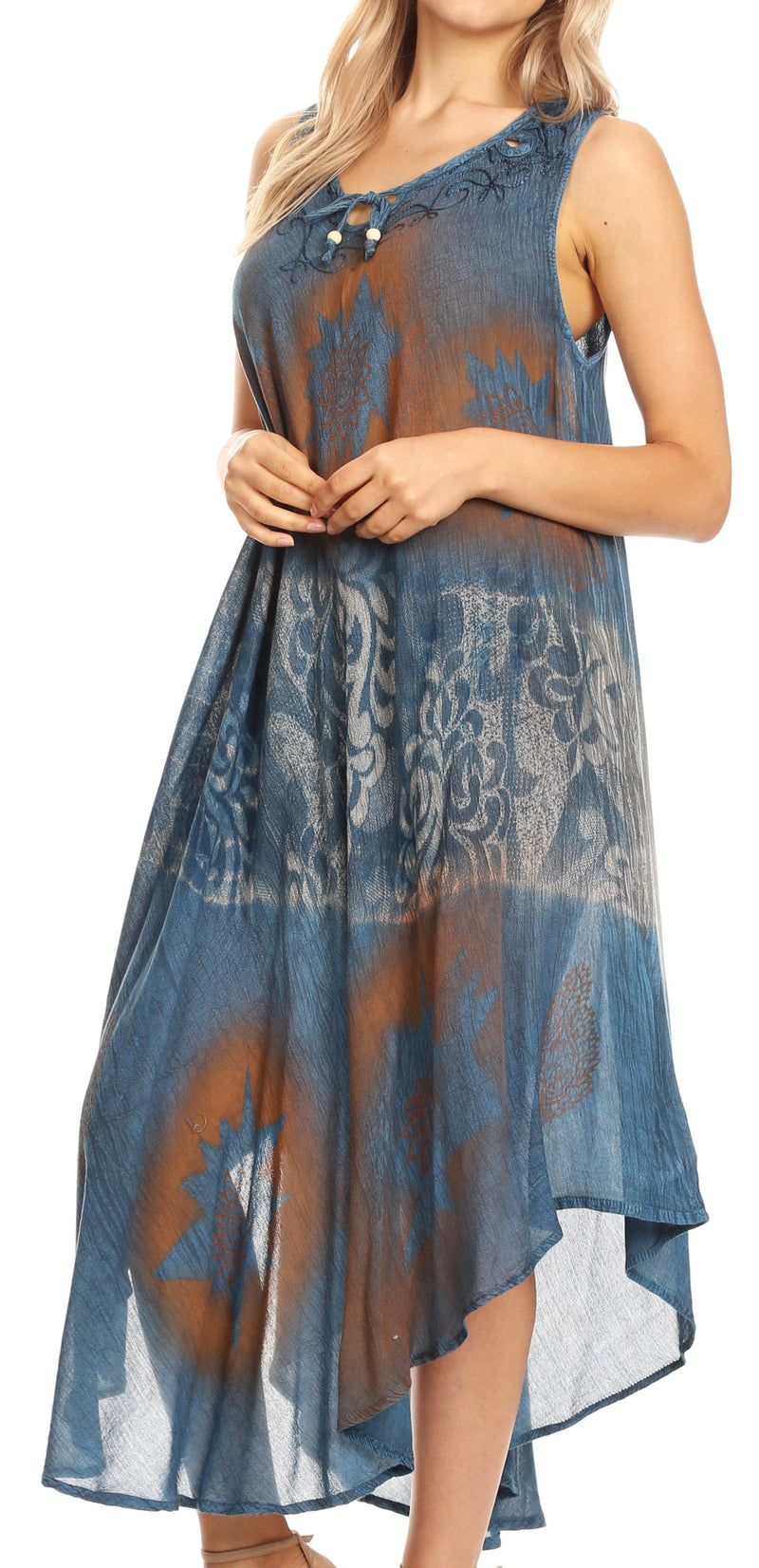 Sakkas Laramie Short Sleeve Stonewashed Ethnic Print Dress with Embroidery