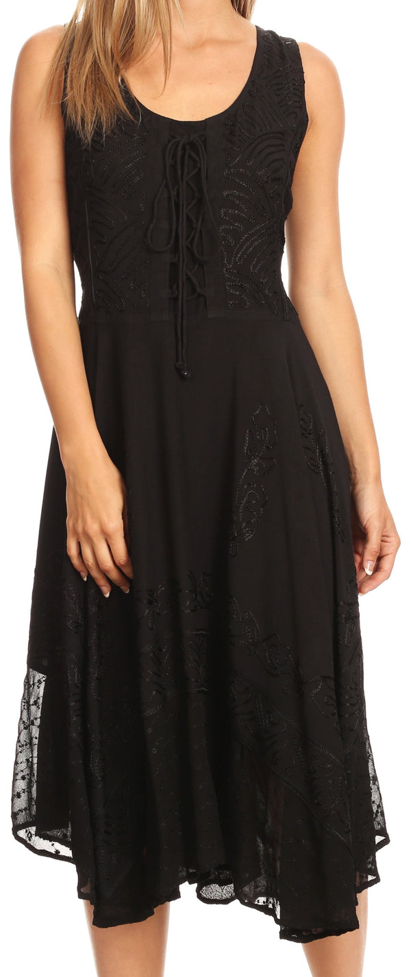 Sakkas Magdilena Stonewashed Corset Front Embroidered Dress#color_Black