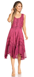 Sakkas Magdilena Stonewashed Corset Front Embroidered Dress#color_Fuchsia