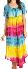 Sakkas Sula Tie-Dye Wide Neck Embroidered Boho Sundress Caftan Cover Up#color_Turquoise/Yellow