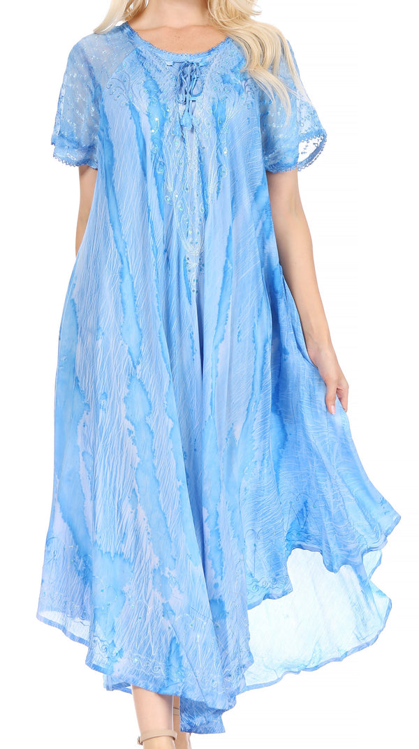 Sakkas Myani Two Tone Embroidered Sheer Cap Sleeve Caftan Long Dress | Cover Up#color_Blue