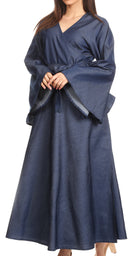 Sakkas Ximena Long Wrap Around Bell Sleeve Chambray Full Circle Dress Casual