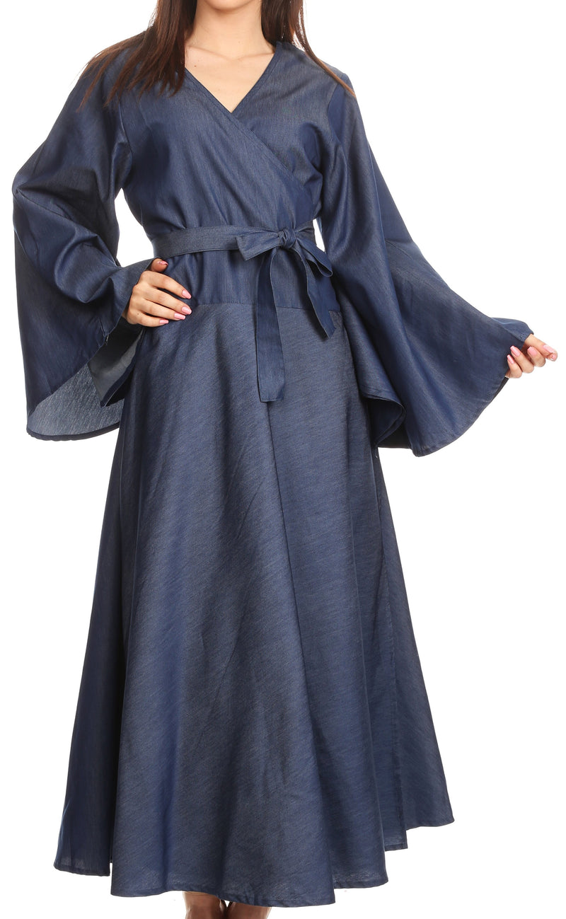 Sakkas Ximena Long Wrap Around Bell Sleeve Chambray Full Circle Dress Casual