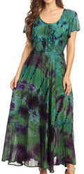 Sakkas Lia Short Sleeve Peasant Maxi Corset Tie-dye Dress with Embroidery Runs Big#color_Green