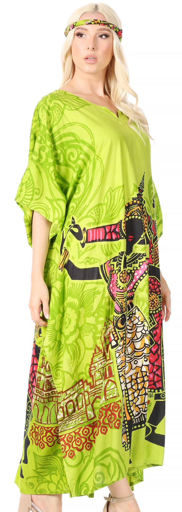 Sakkas Mera Women's Long Loose Short Sleeve Summer Casual Caftan Kaftan Dress#color_KAF1011-Green