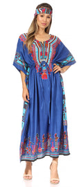 Sakkas Mera Women's Long Loose Short Sleeve Summer Casual Caftan Kaftan Dress#color_KAF1027-Blue