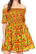 Sakkas Ife Wax African Ankara Colorful Cocktail Short Dress Off-shoulder w/pockets#color_1066-Orange/Black-tribal