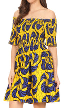 Sakkas Ife Wax African Ankara Colorful Cocktail Short Dress Off-shoulder w/pockets