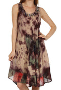 Sakkas Butterfly Tie Dye Tank Sheath Caftan Mid Length Cotton Dress#color_Chocolate/Cream