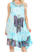 Sakkas Butterfly Tie Dye Tank Sheath Caftan Mid Length Cotton Dress#color_Turquoise