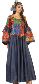 Sakkas Abayomi Wax African Ankara Chambray Peasant Medieval Casual Long Dress
