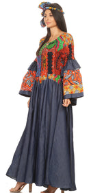 Sakkas Abayomi Wax African Ankara Chambray Peasant Medieval Casual Long Dress