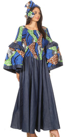 Sakkas Abayomi Wax African Ankara Chambray Peasant Medieval Casual Long Dress