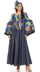 Sakkas Abayomi Wax African Ankara Chambray Peasant Medieval Casual Long Dress