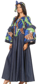 Sakkas Abayomi Wax African Ankara Chambray Peasant Medieval Casual Long Dress