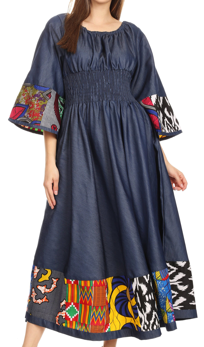 Sakkas Abayomi Wax African Ankara Chambray Peasant Medieval Casual Long Dress