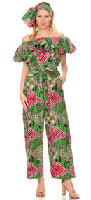 Sakkas Lelisa Ruffle Off-shoulder Long Jumpsuit w/pockets Wax African Ankara Dutch