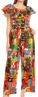 Sakkas Lelisa Ruffle Off-shoulder Long Jumpsuit w/pockets Wax African Ankara Dutch