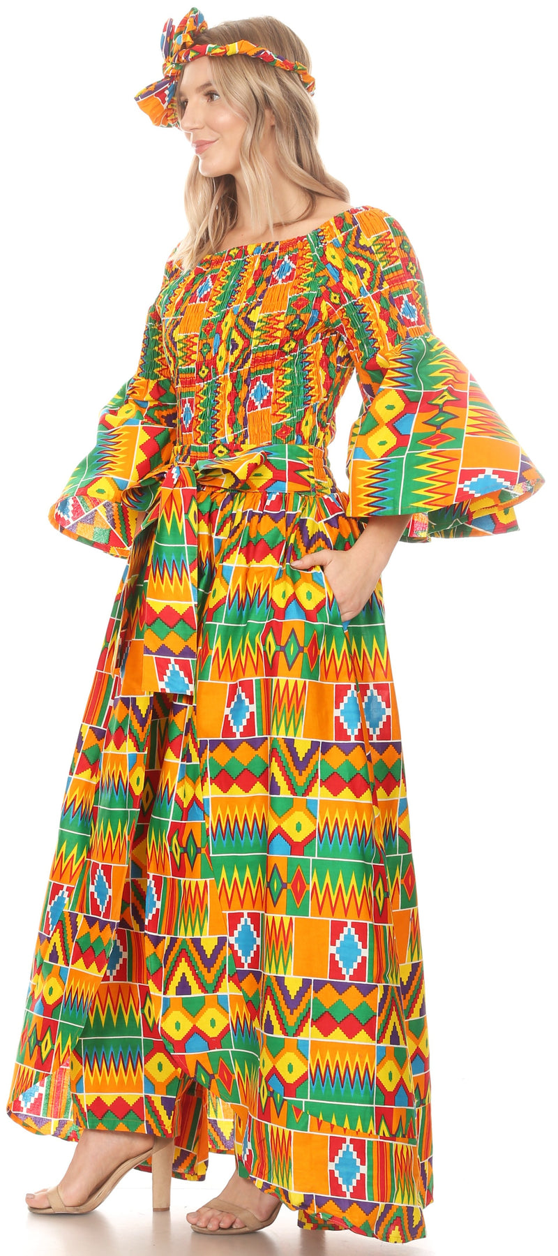 Sakkas Tesa Women's Off the Shoulder Top Pants Set African Ankara Print w/Pockets