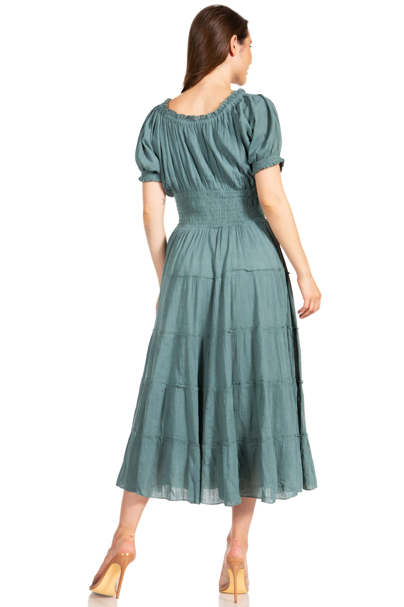 Sakkas Cotton Crepe Smocked Peasant Gypsy Boho Renaissance Mid Length Dress