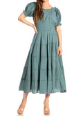 Sakkas Cotton Crepe Smocked Peasant Gypsy Boho Renaissance Mid Length Dress#color_A-Teal