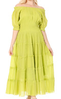 Sakkas Cotton Crepe Smocked Peasant Gypsy Boho Renaissance Mid Length Dress#color_NeonGreen